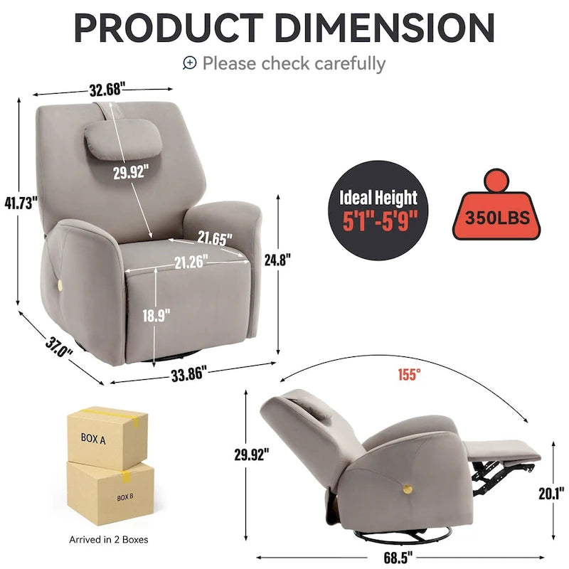 Swivel & Rocker Power Recliner Chair with Lumbar and Neck Support Pillow, USB, Type-C Ports