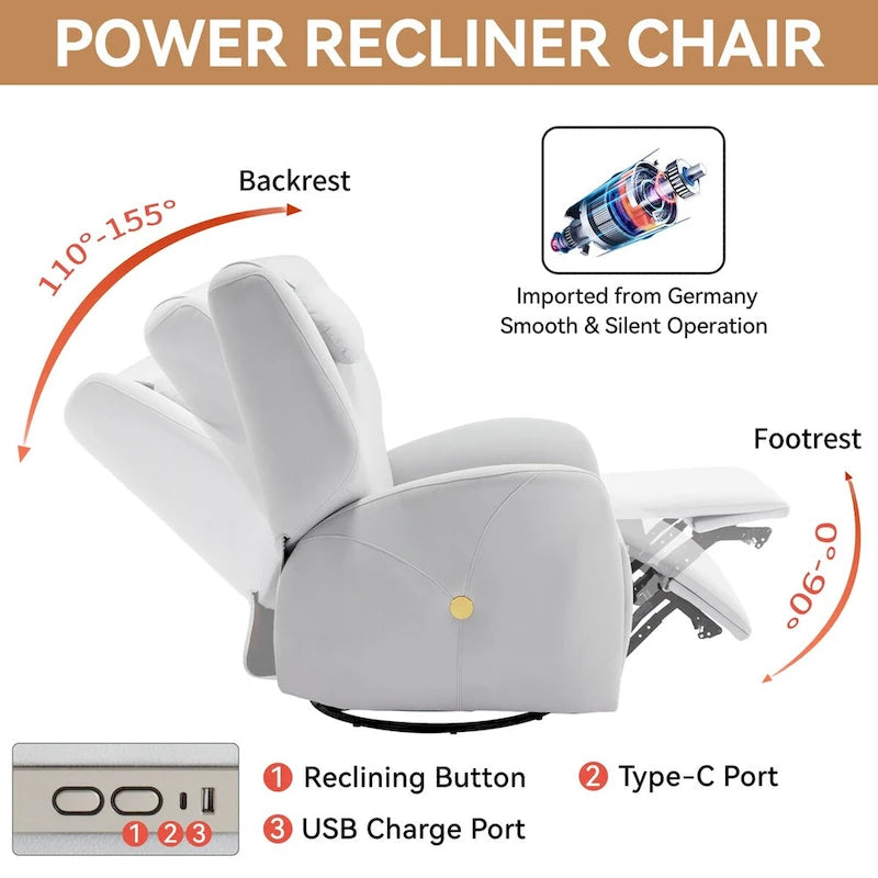 Swivel & Rocker Power Recliner Chair with Lumbar and Neck Support Pillow, USB, Type-C Ports
