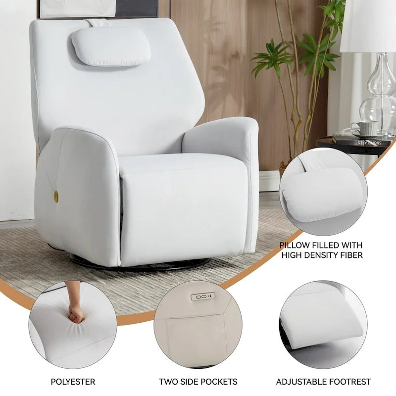 Swivel & Rocker Power Recliner Chair with Lumbar and Neck Support Pillow, USB, Type-C Ports