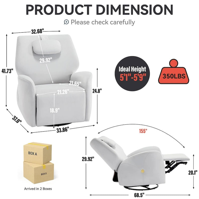 Swivel & Rocker Power Recliner Chair with Lumbar and Neck Support Pillow, USB, Type-C Ports