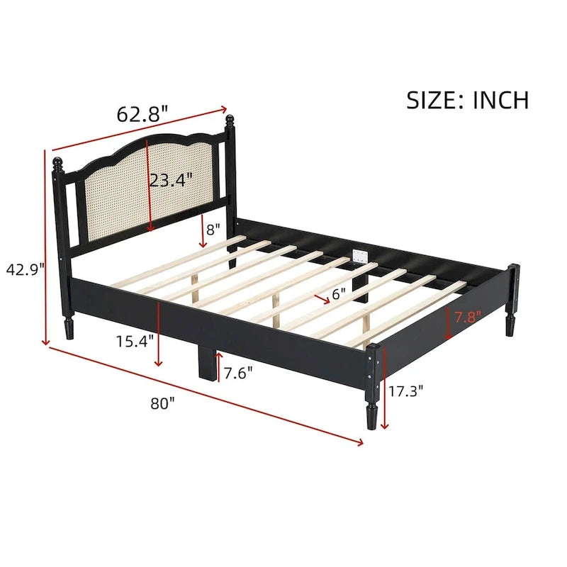 Queen Size Wooden Platform Bed with Natural Rattan Headboard